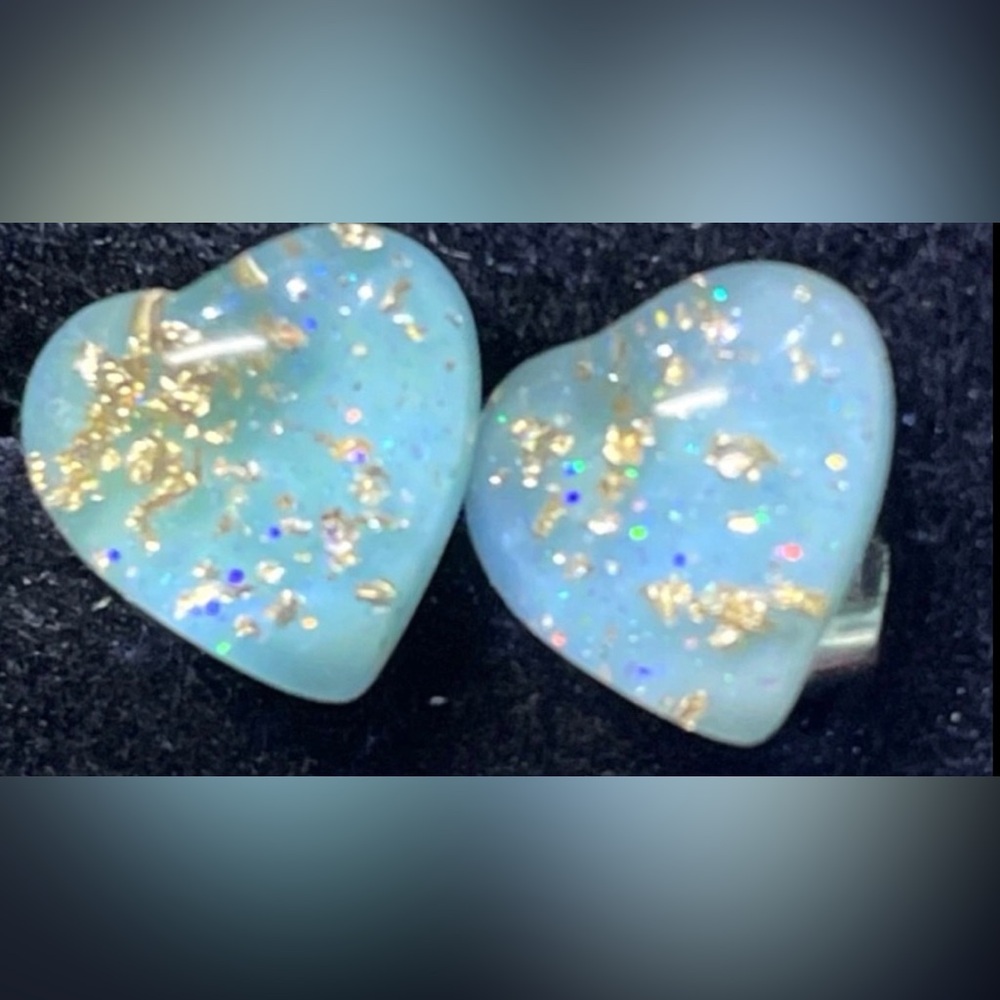 Blue Heart Gold Flake Fleck Glitter Sparkle Resin Dainty Tiny Stud Post Earrings - Picture 15 of 15